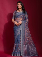 Blue Linen Silk Digital Print Saree